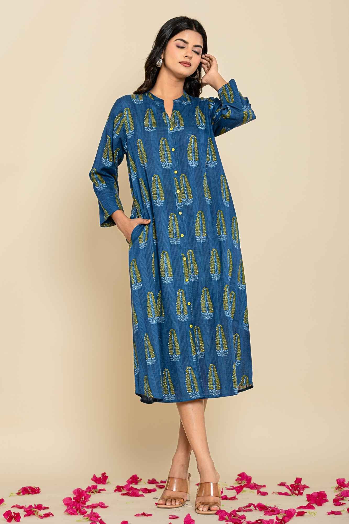 Blue Green Shirt Style Kurta-Dress