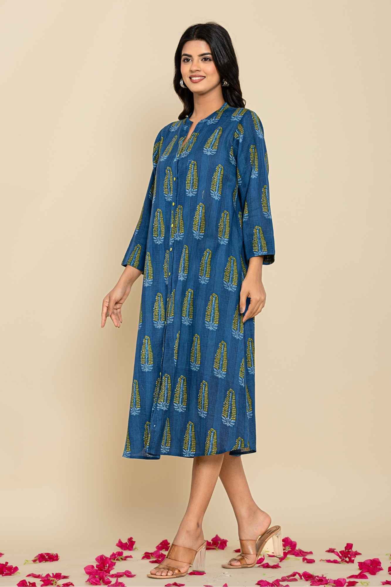 Blue Green Shirt Style Kurta-Dress