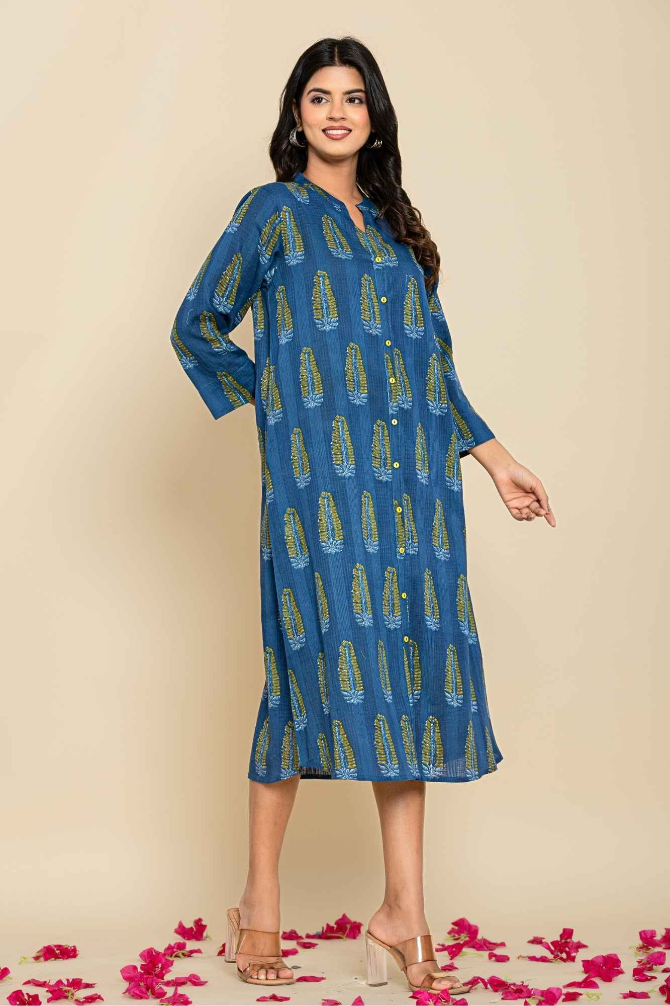 Blue Green Shirt Style Kurta-Dress