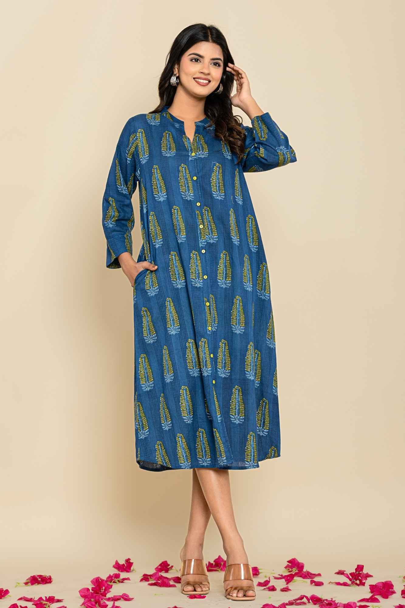 Blue Green Shirt Style Kurta-Dress