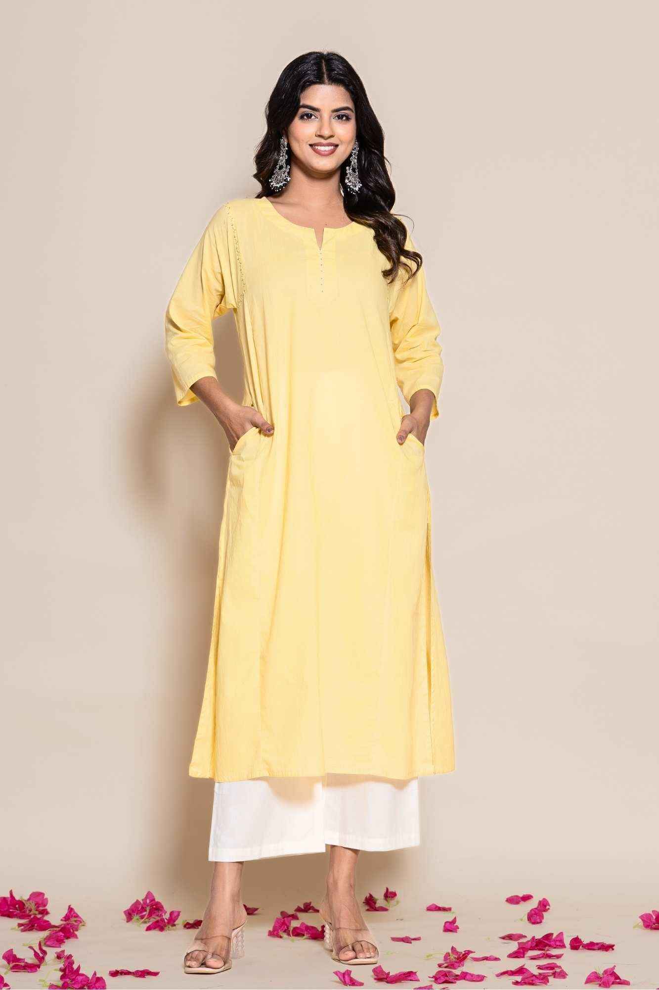 (Set of 2) Naksh Yellow Cotton Solid Kurta And Printed Dupatta
