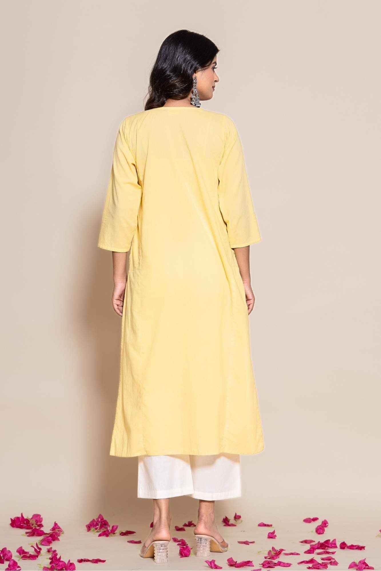(Set of 2) Naksh Yellow Cotton Solid Kurta And Printed Dupatta