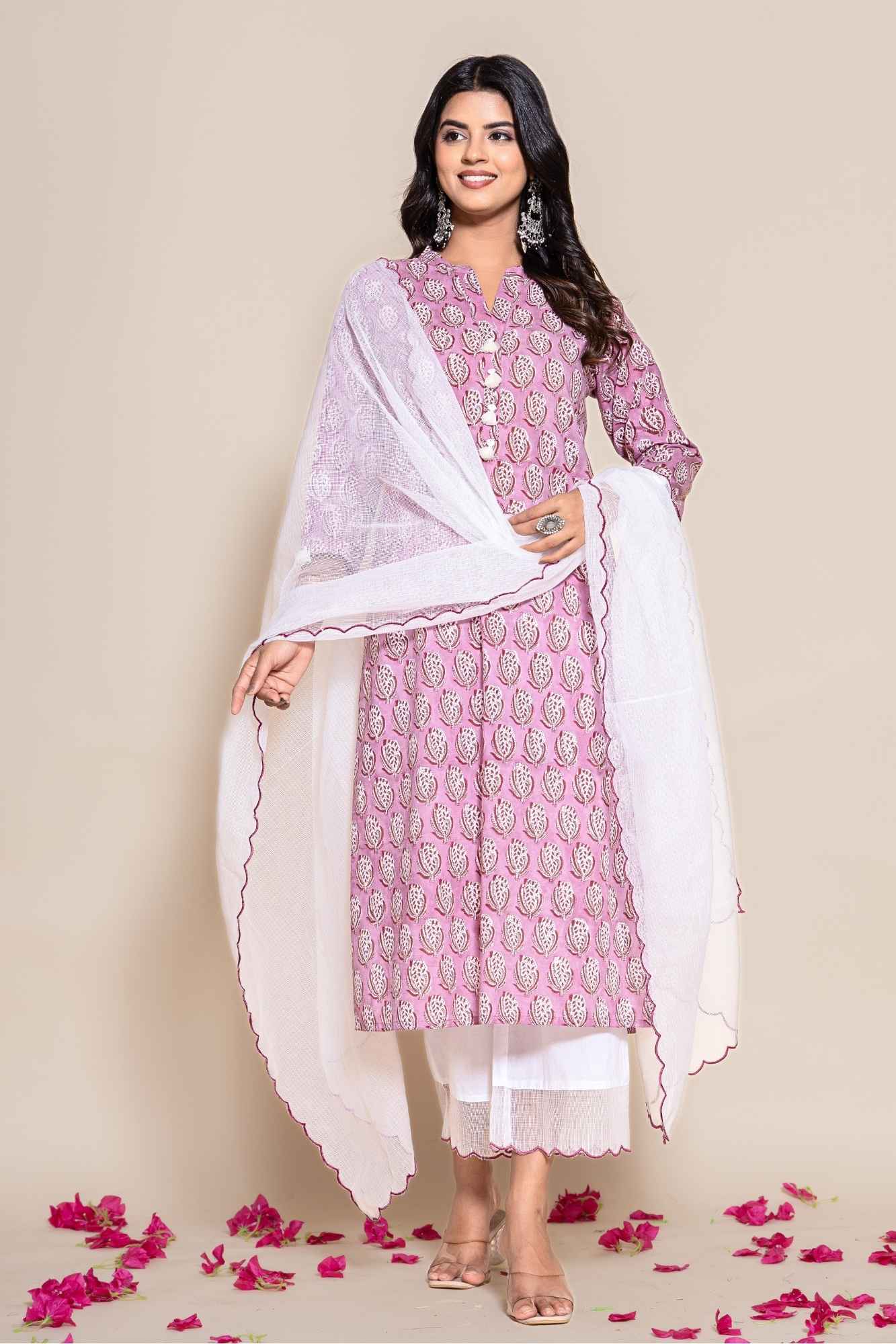 (Set of 3) Naksh Cotton Onion Pink Cotton Kurta,Pants and Dupatta