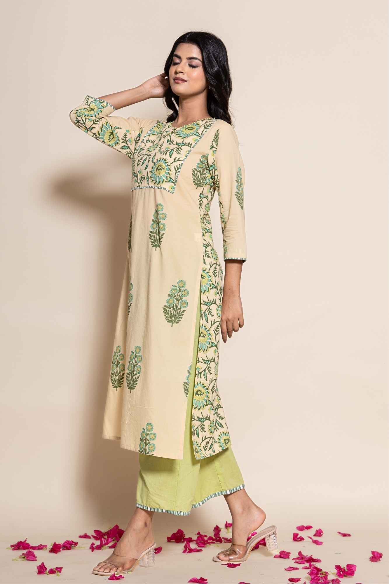 (Set of 2) Naksh Beige Cotton Dual Print Straight Kurta And Pants