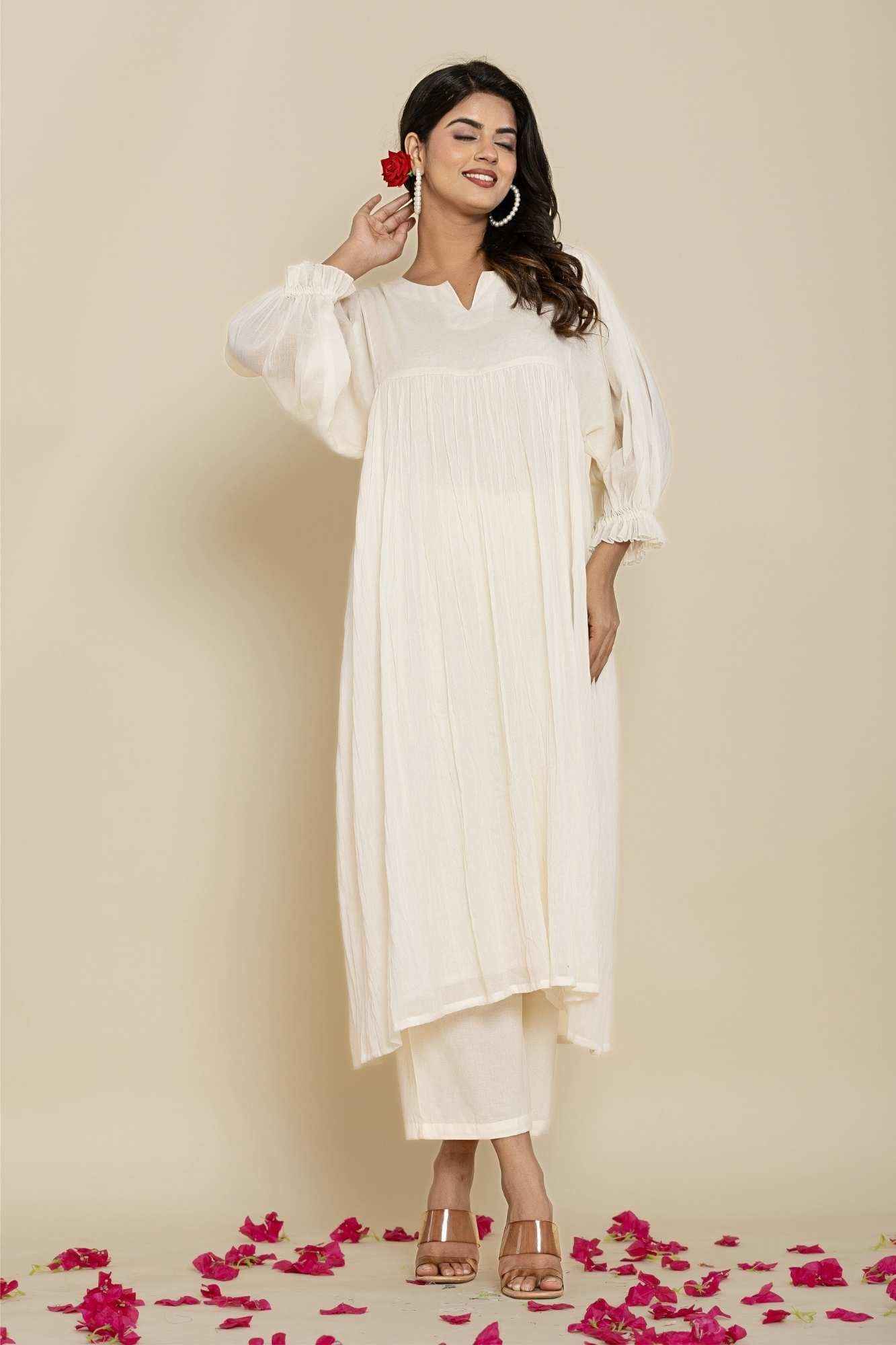 (Set of 2) Naksh Kora Cotton Voile Gathered Kurta And Pants