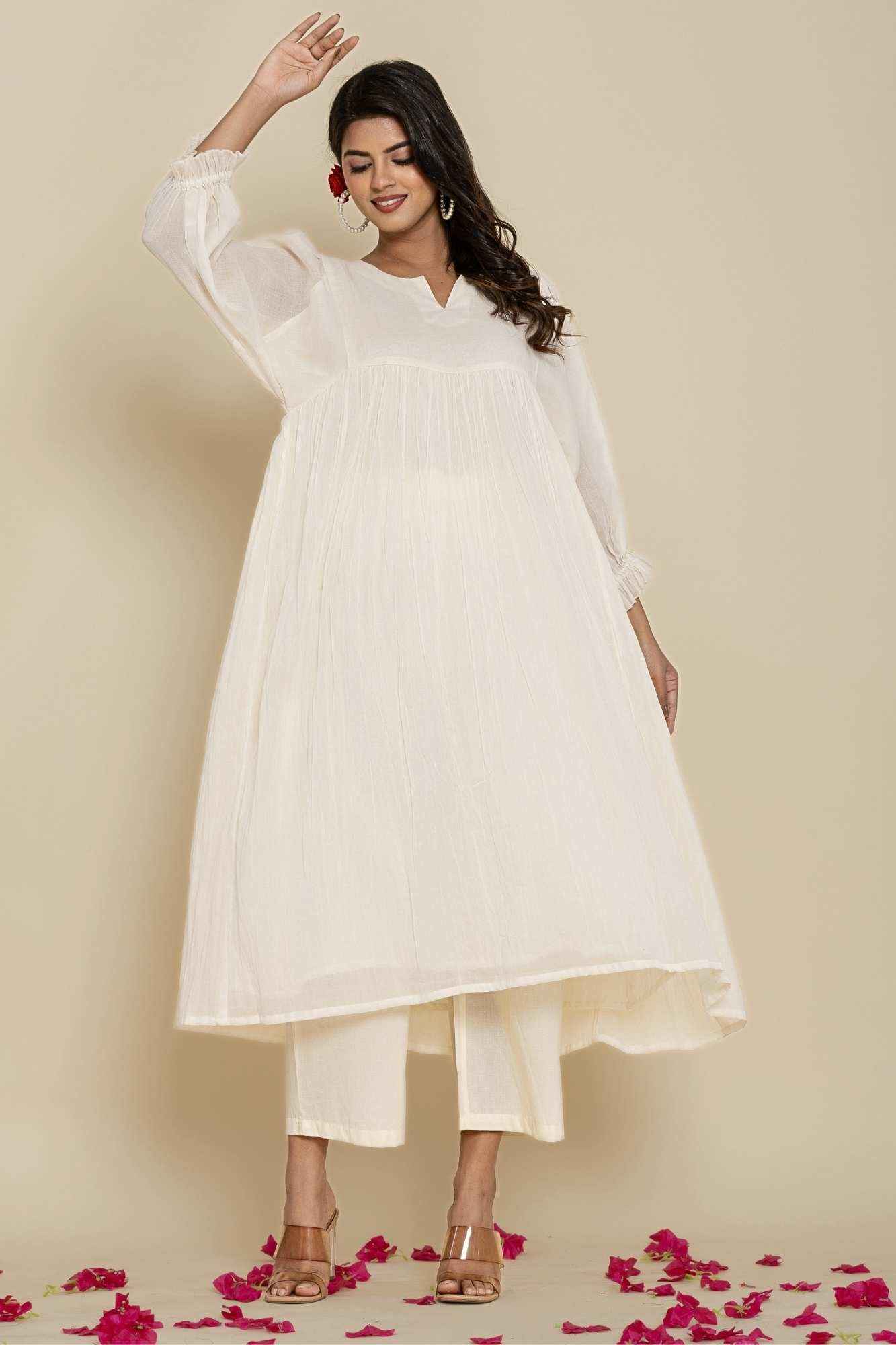 (Set of 2) Naksh Kora Cotton Voile Gathered Kurta And Pants