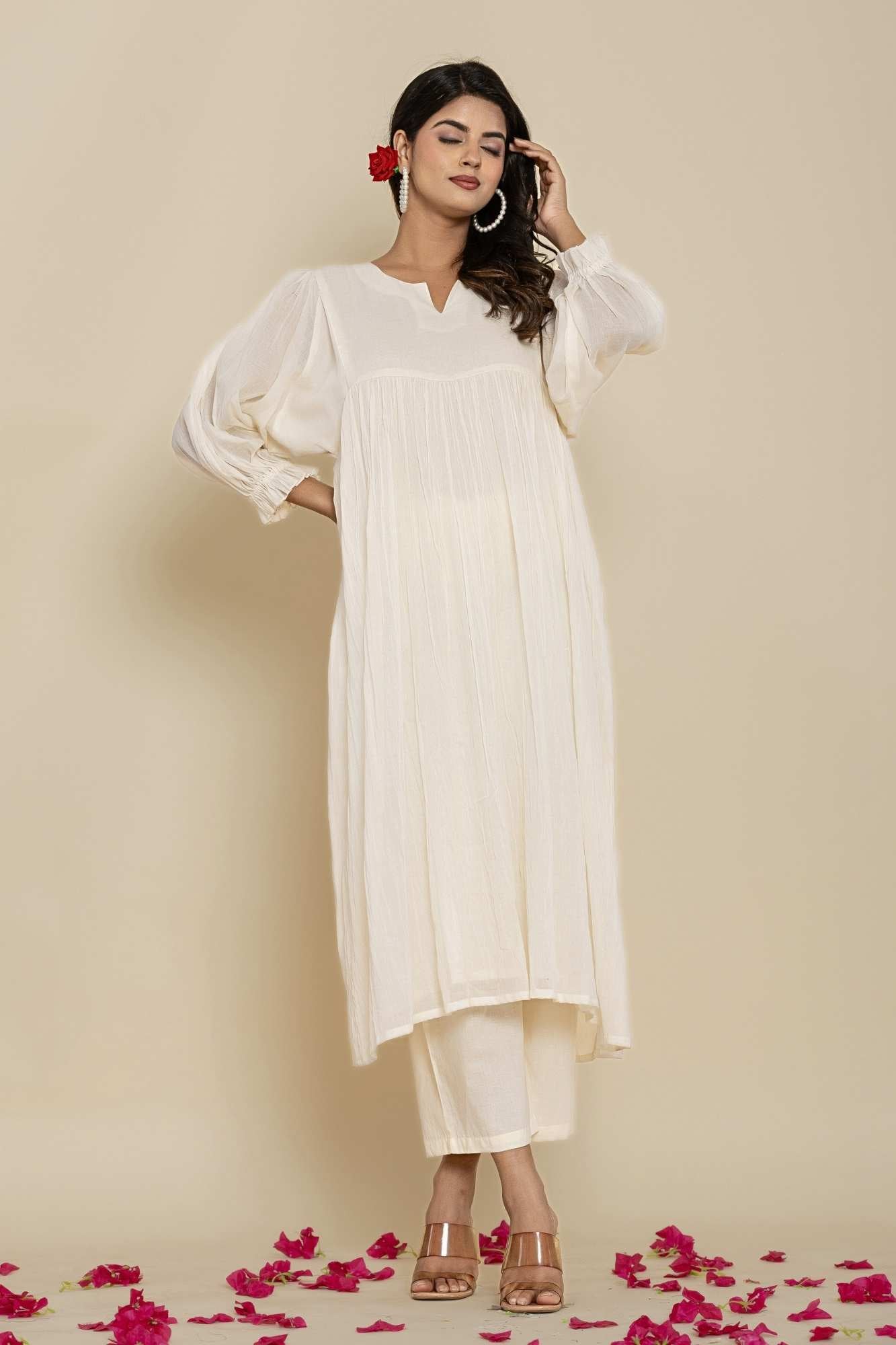 Naksh Kora Cotton Voile Gathered Kurta And Pants - Naksh Jaipur