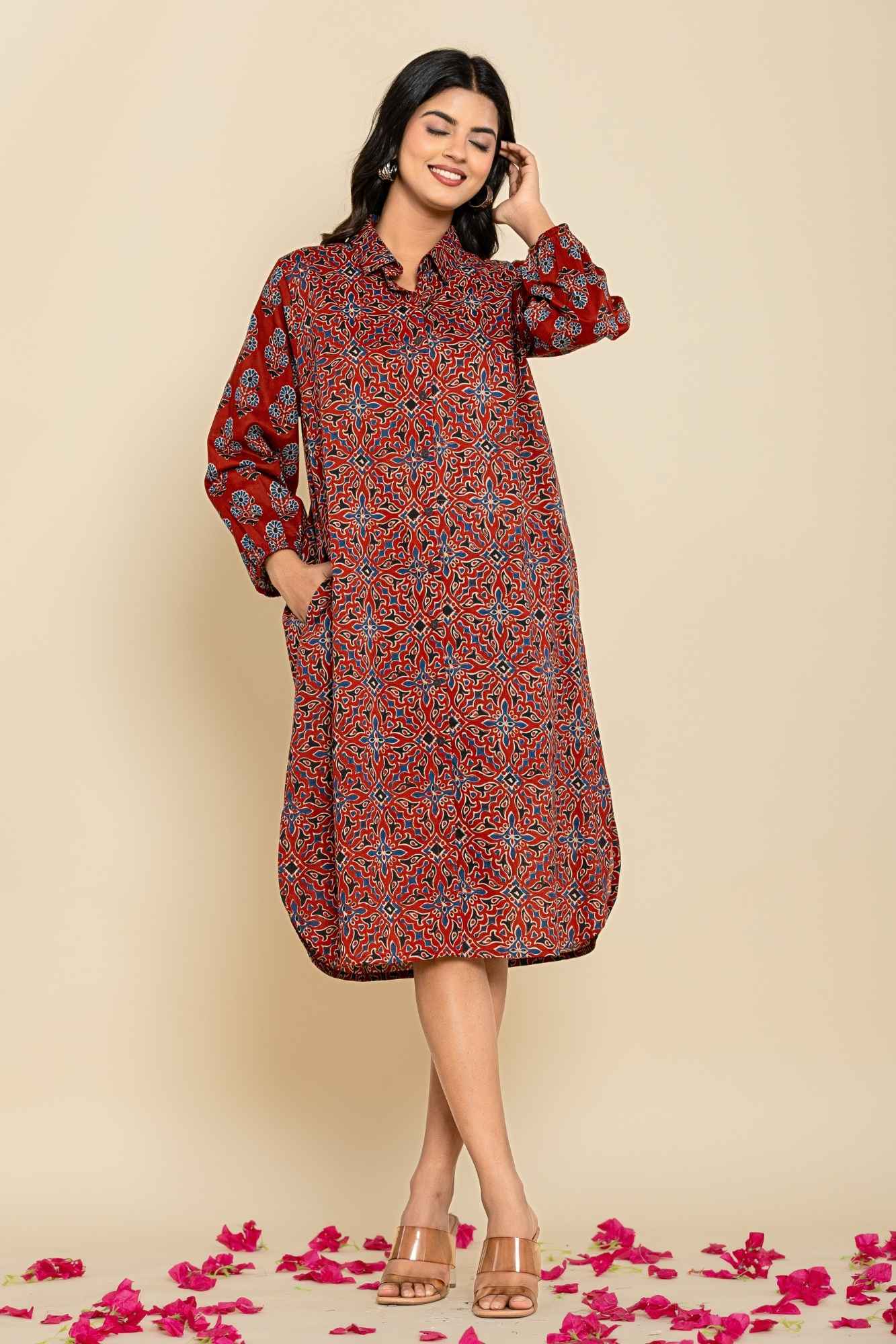 Rust Blue Shirt Style Kurta-Dress