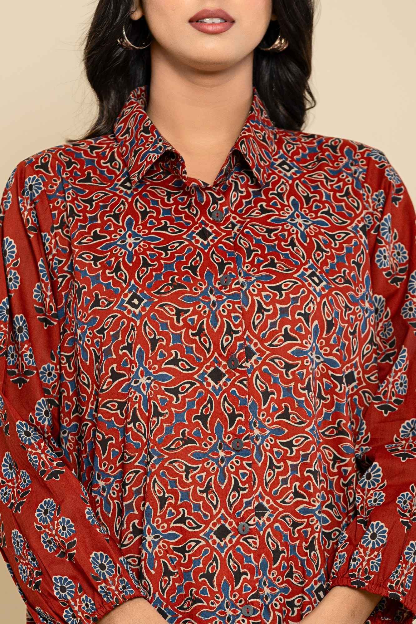 Rust Blue Shirt Style Kurta-Dress