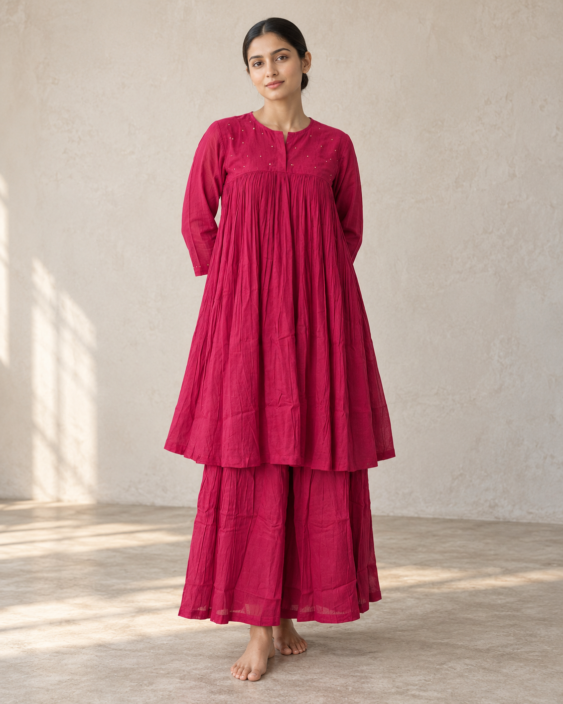 Berry Pink Mul Mul Gathered Kurta & Sharara Set