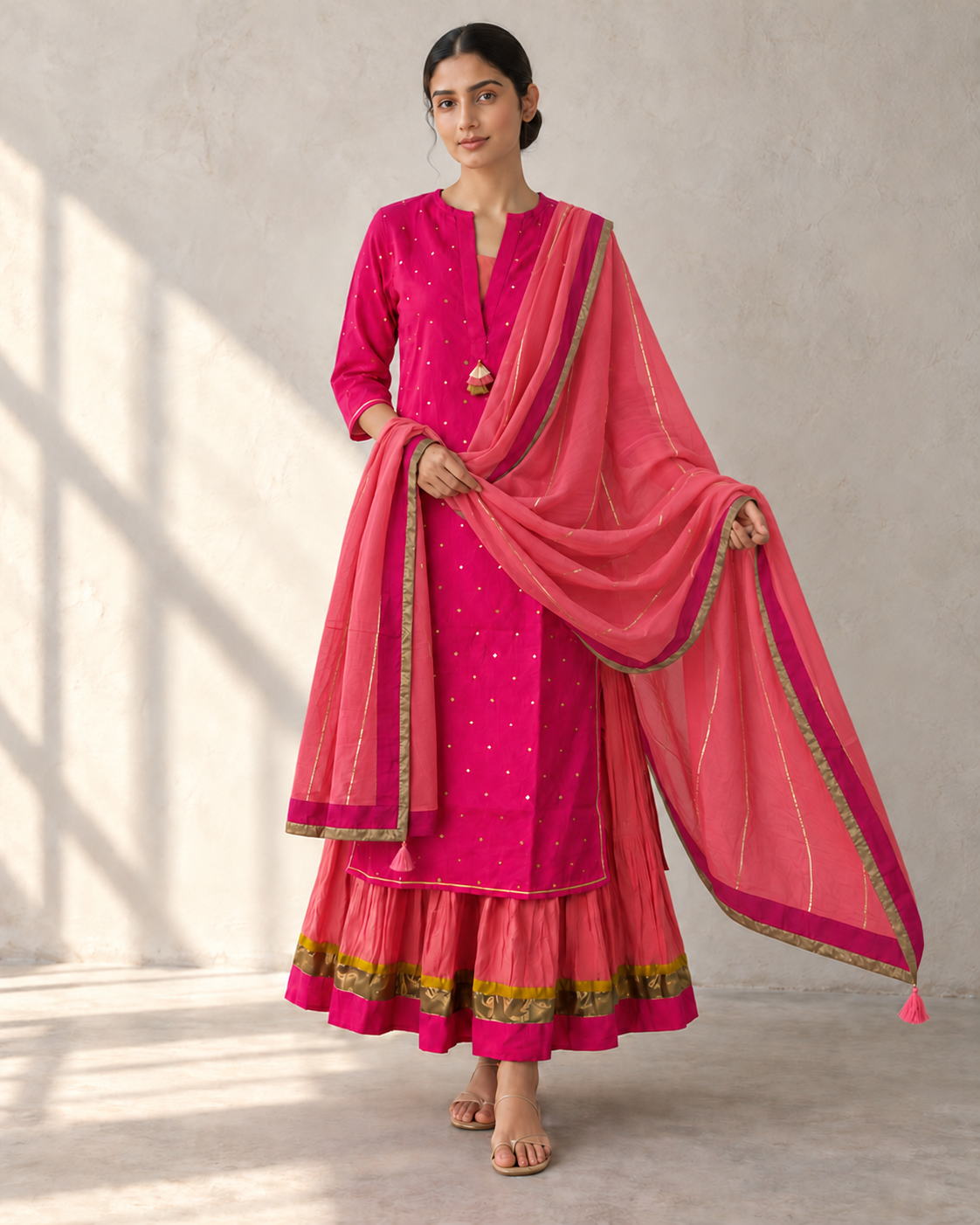Fuchsia Pink Kurta, Coral inner & Dupatta Set