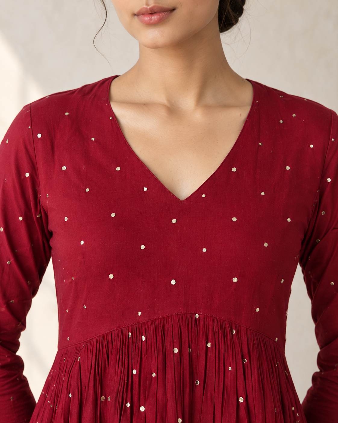 Crimson Red Cotton Mul Mul Empire Cut Kurta, Skirt & Dupatta Set