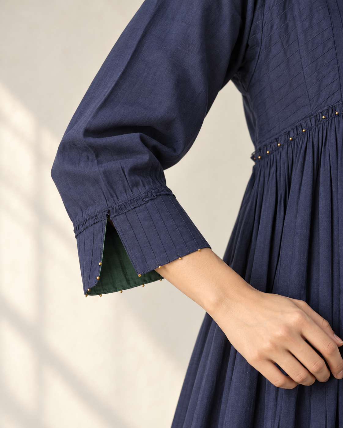 Navy Blue Pintuck Gathered Kurta, Bottle Green Pants & Dupatta Set