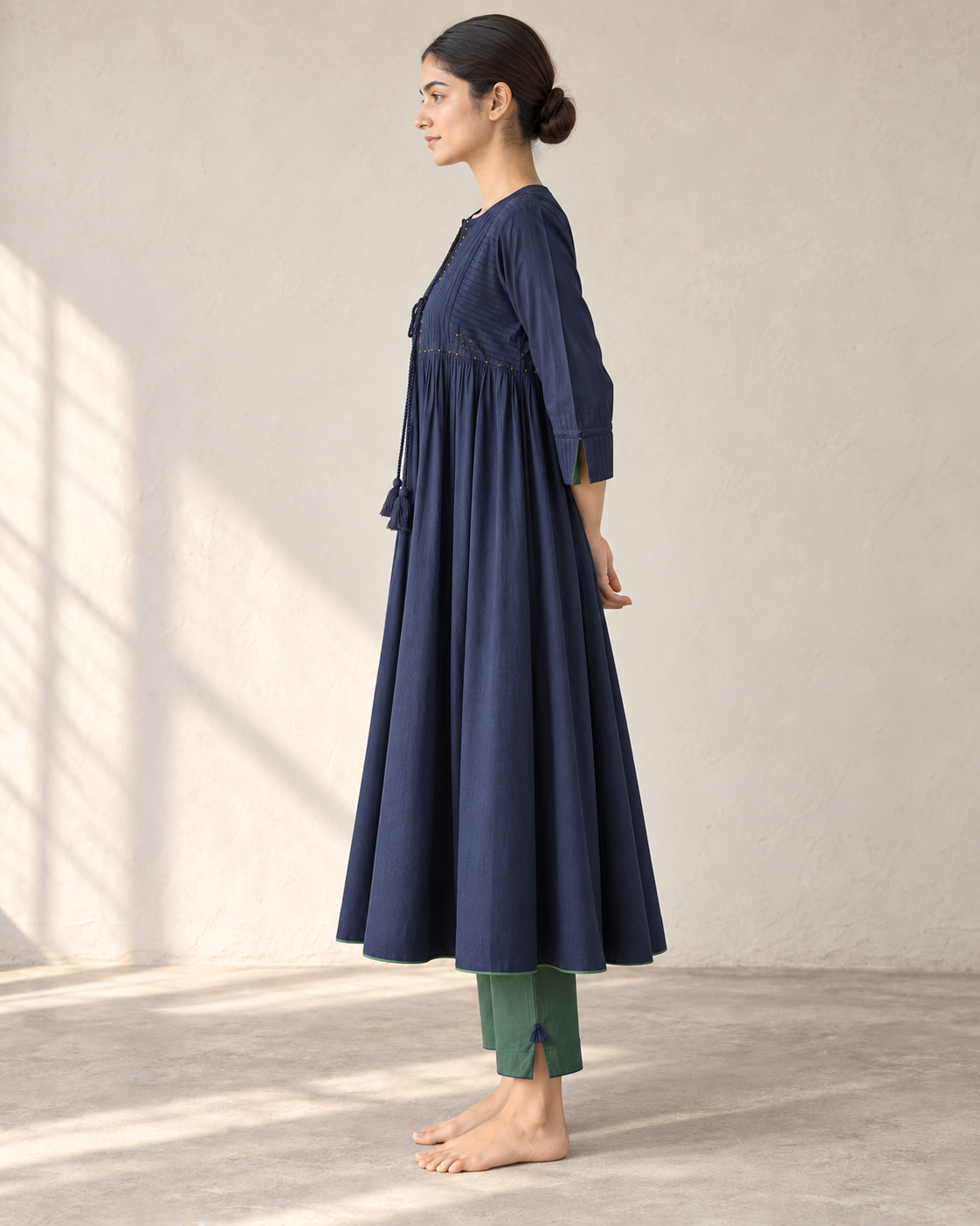 Navy Blue Pintuck Gathered Kurta, Bottle Green Pants & Dupatta Set