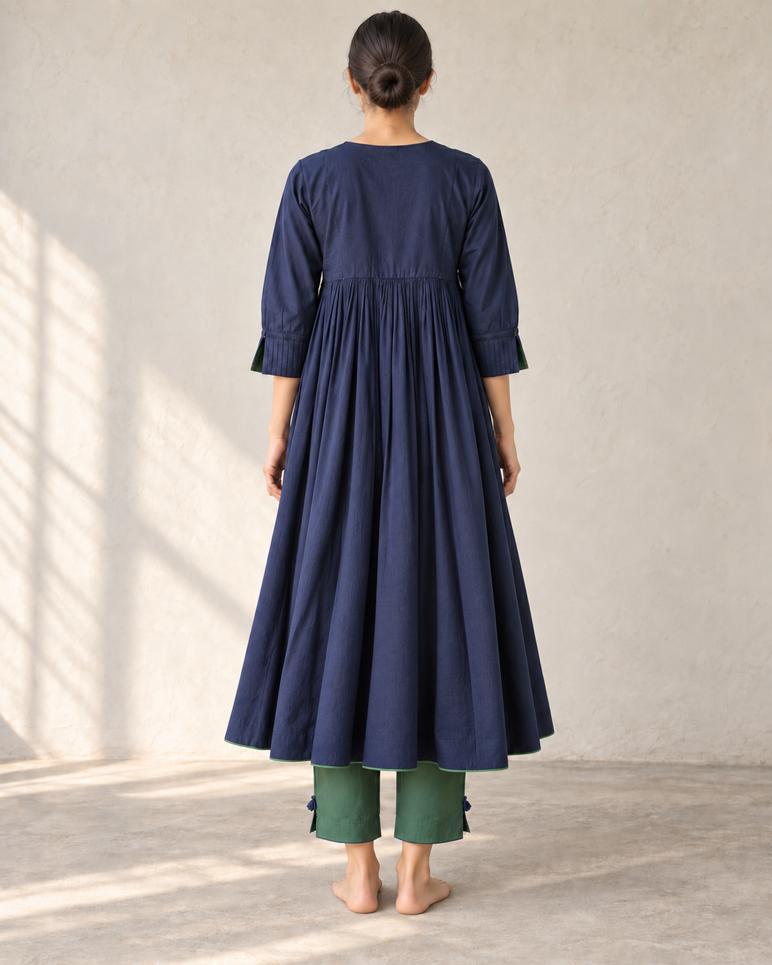 Navy Blue Pintuck Gathered Kurta, Bottle Green Pants & Dupatta Set