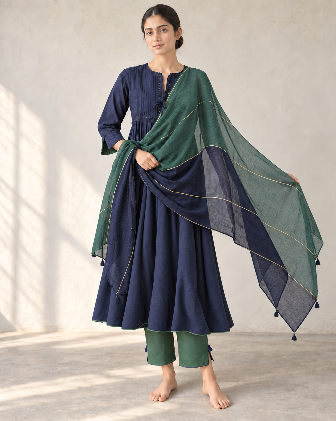 Navy Blue Pintuck Gathered Kurta, Bottle Green Pants & Dupatta Set