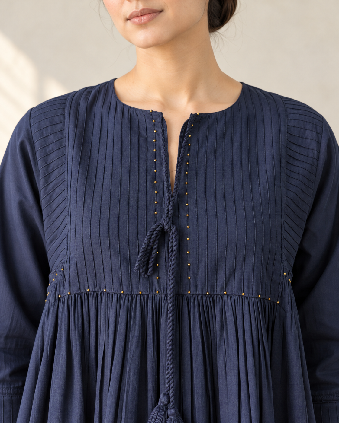 Navy Blue Pintuck Gathered Kurta, Bottle Green Pants & Dupatta Set