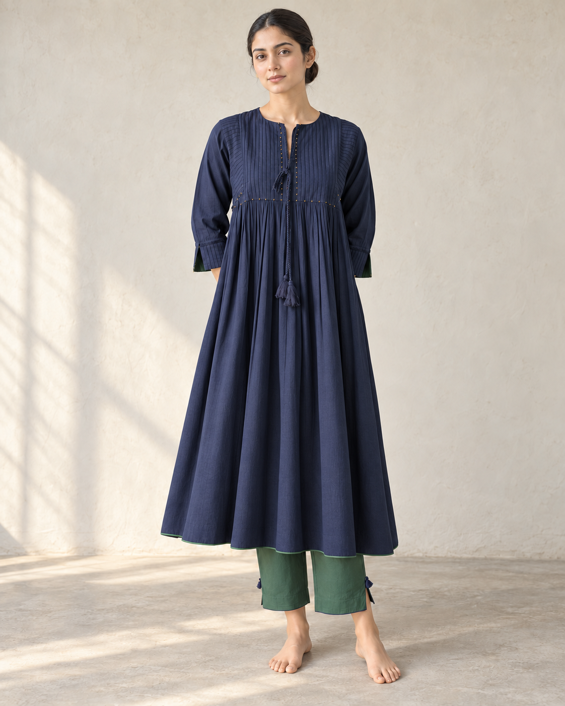 Navy Blue Pintuck Gathered Kurta, Bottle Green Pants & Dupatta Set