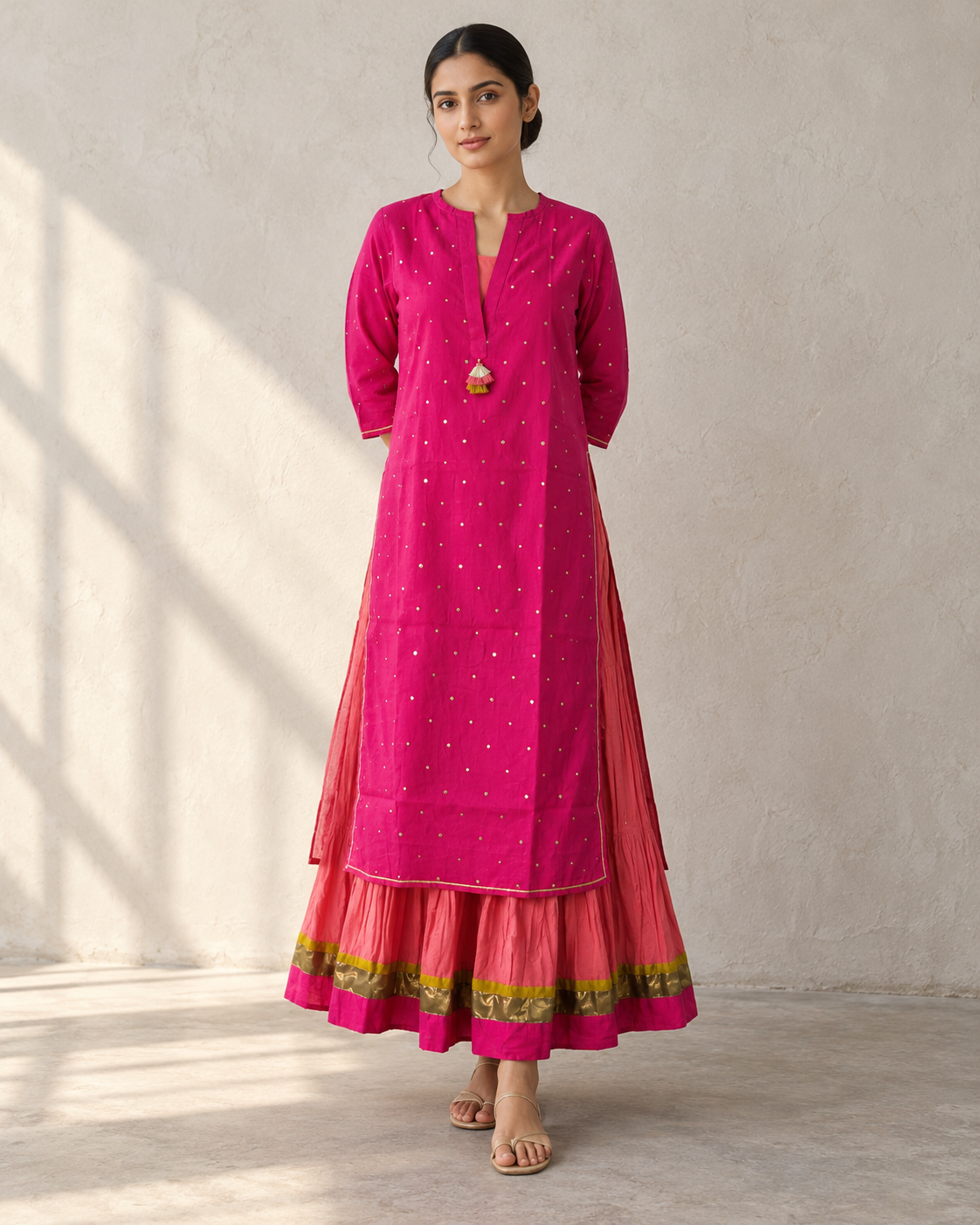 Fuchsia Pink Kurta, Coral inner & Dupatta Set