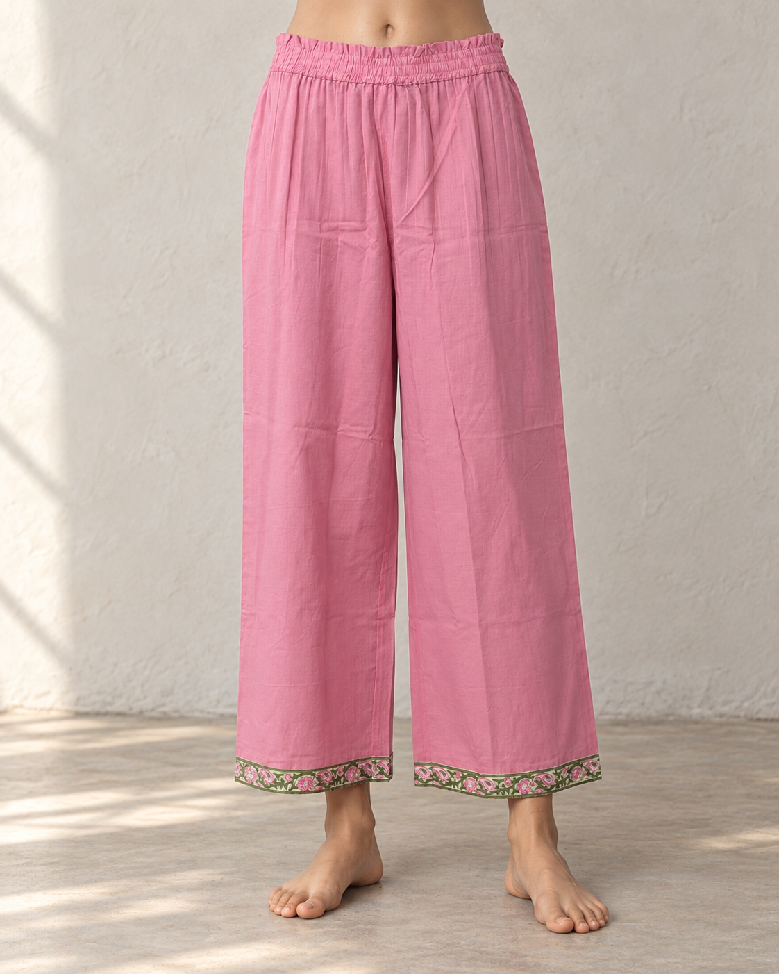Sage Green Floral Printed Gathered Kurta & Pink Pants Set