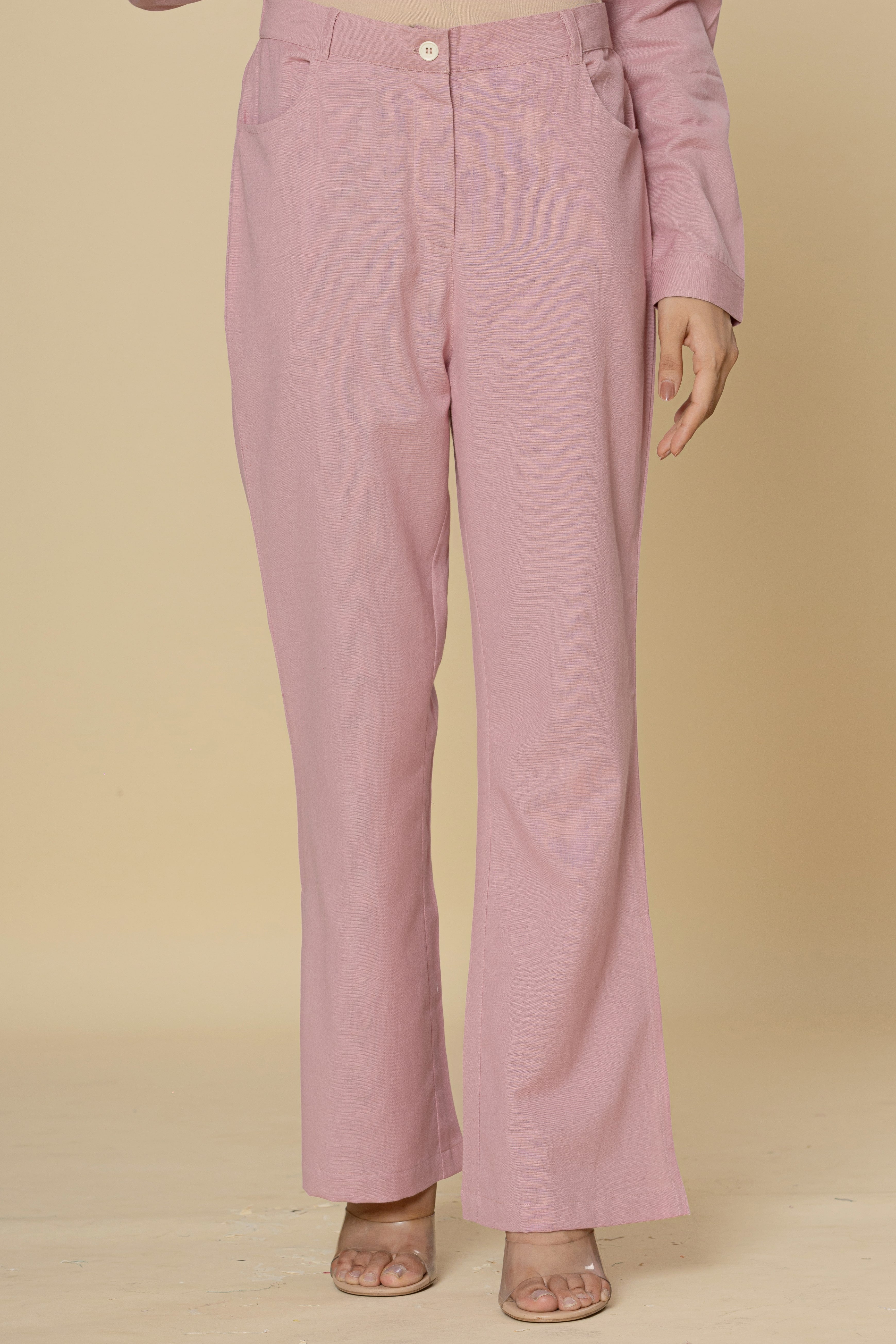 Blush Pink Flared Trousers with Side Slit