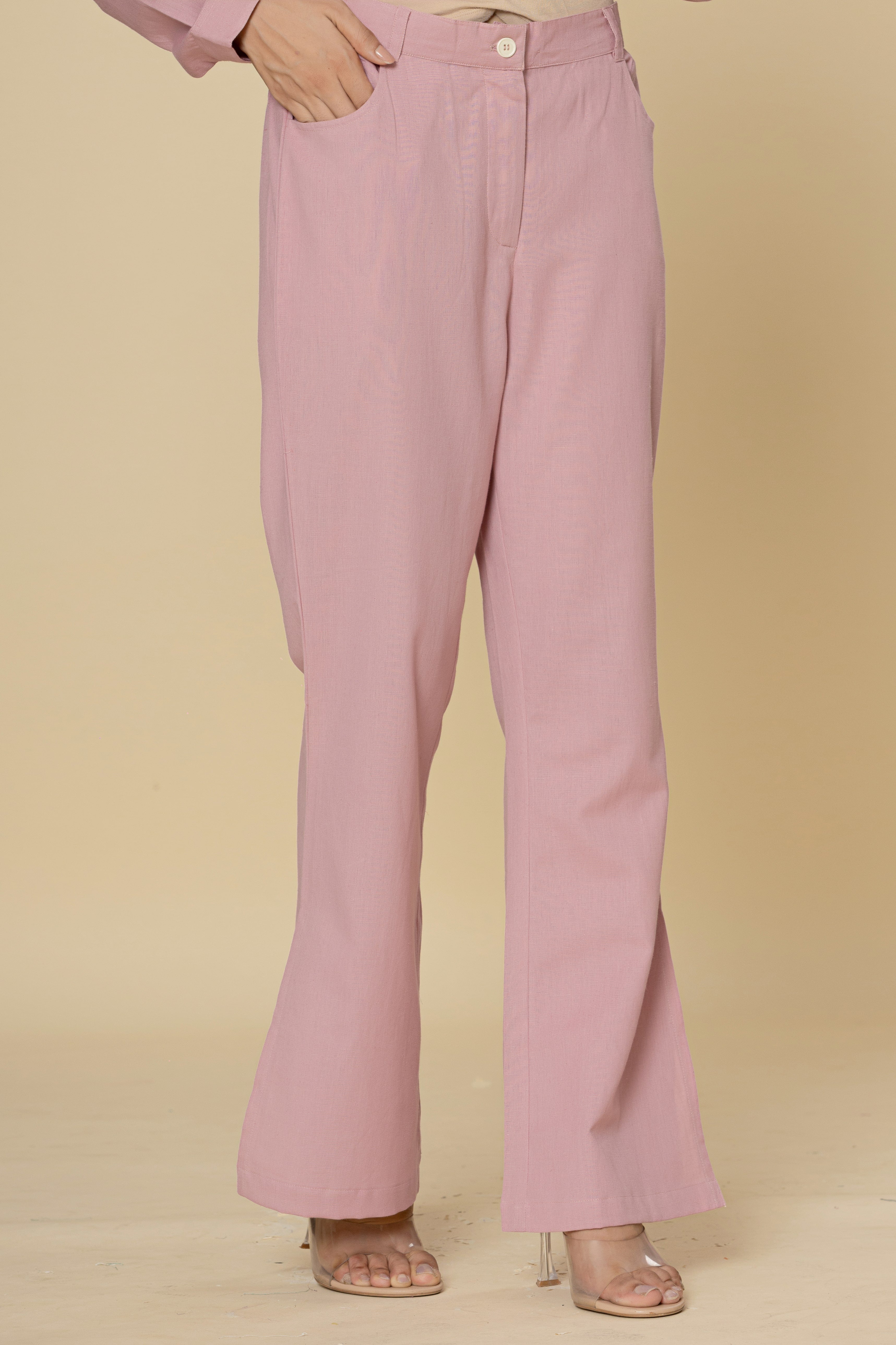 Blush Pink Flared Trousers with Side Slit