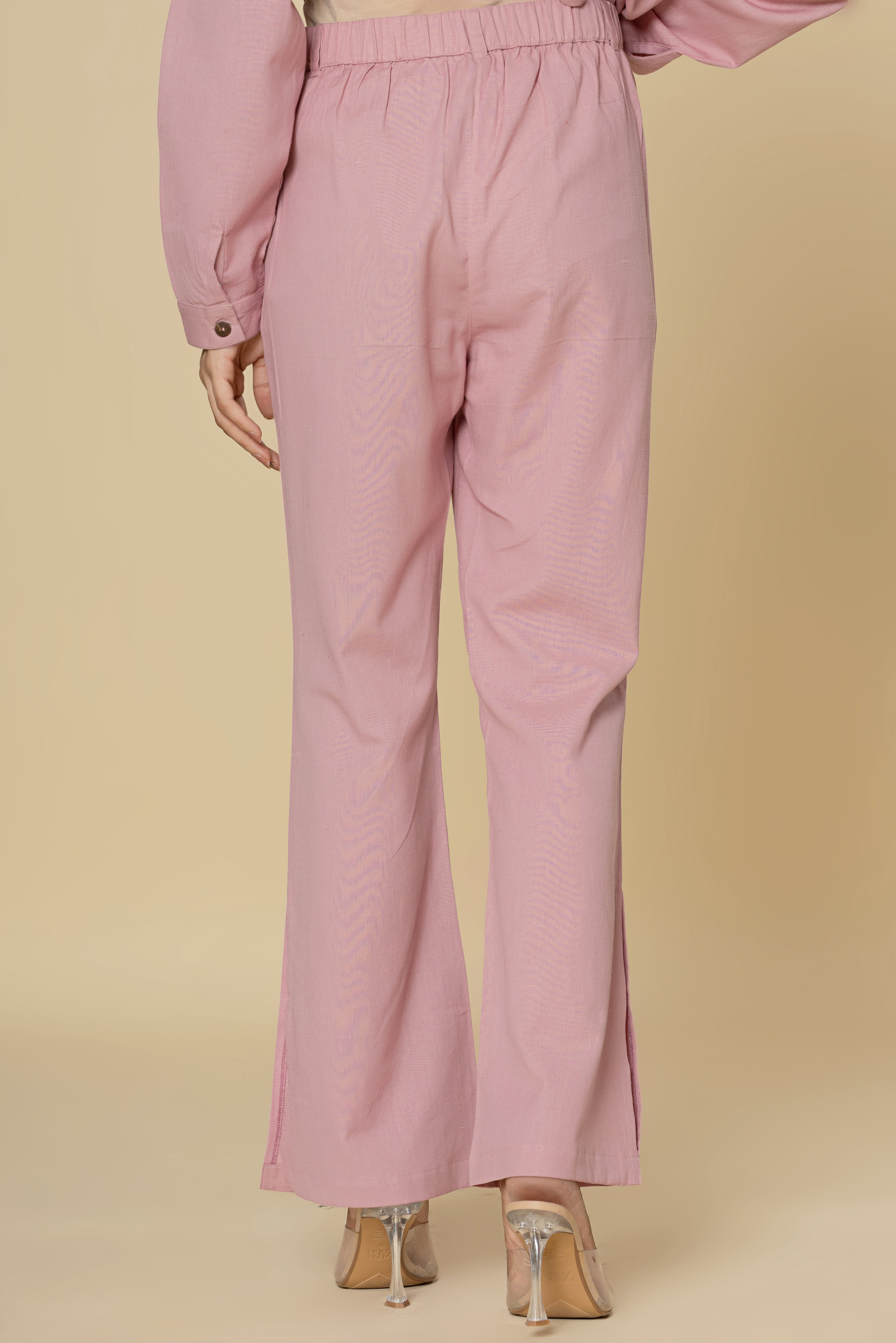 Blush Pink Flared Trousers with Side Slit
