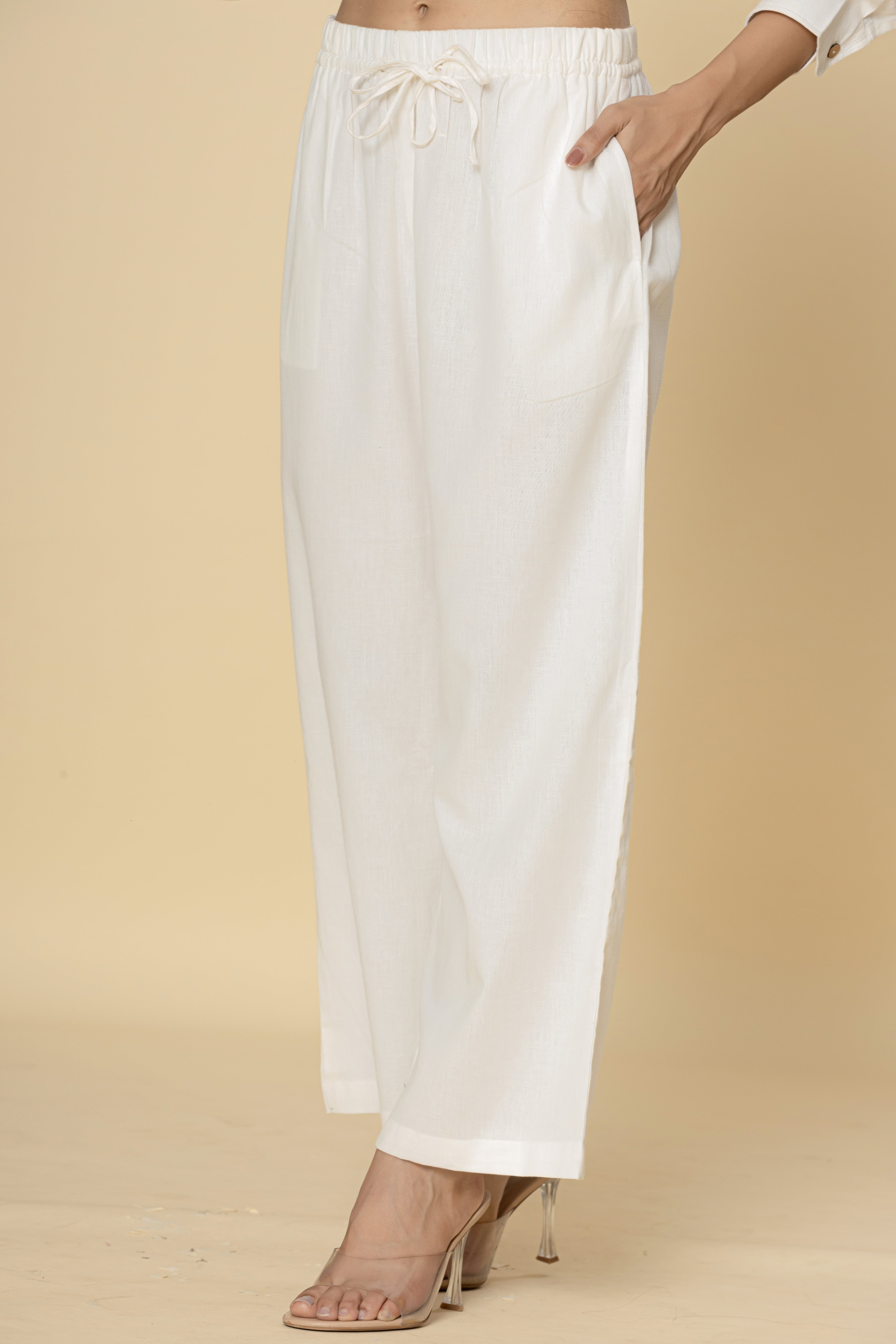 Ivory Wide-Leg Pants with Drawstring Waist