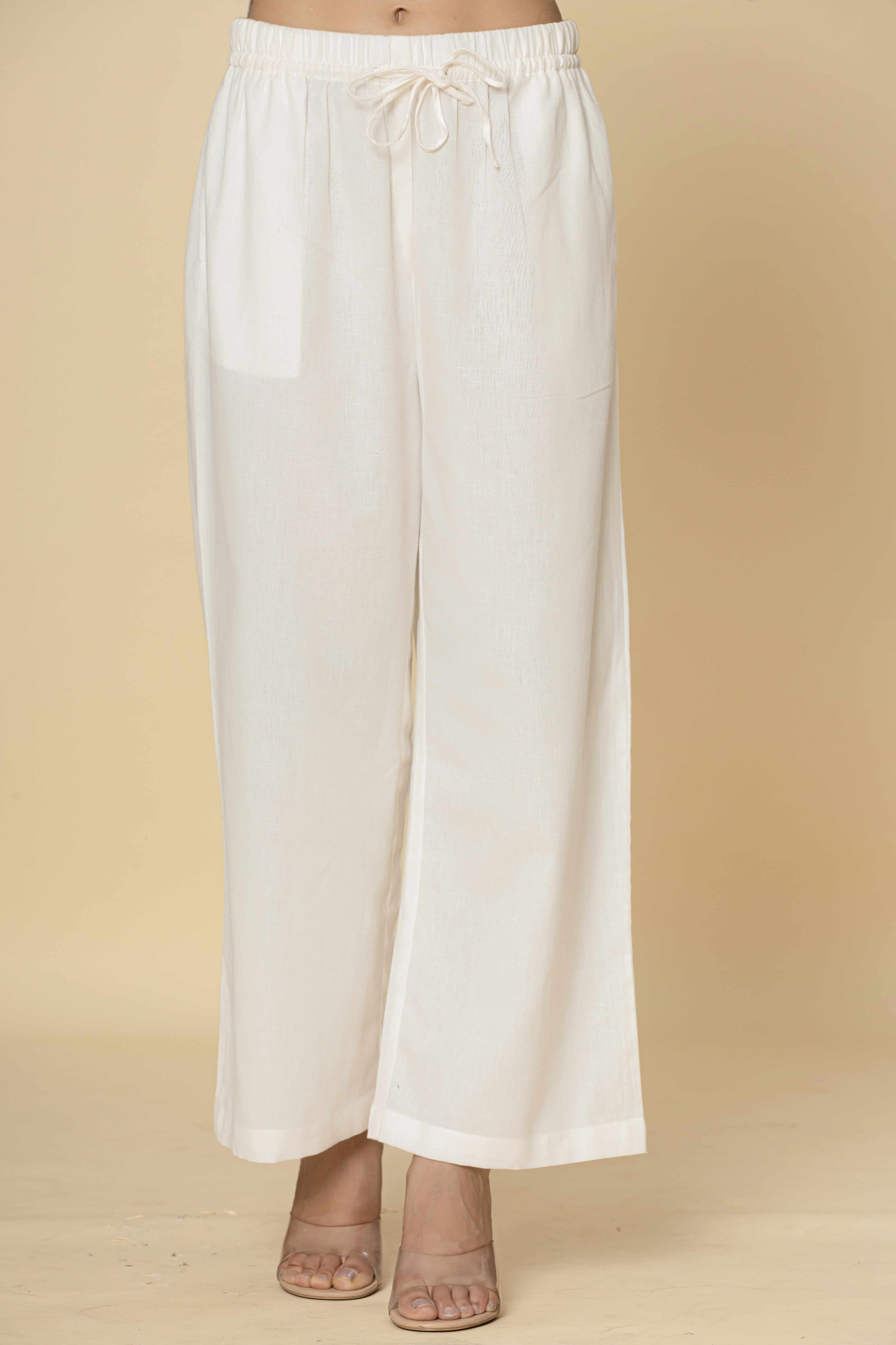 Ivory Wide-Leg Pants with Drawstring Waist