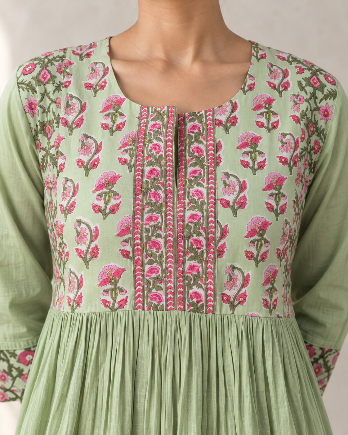 Sage Green Floral Printed Gathered Kurta & Pink Pants Set