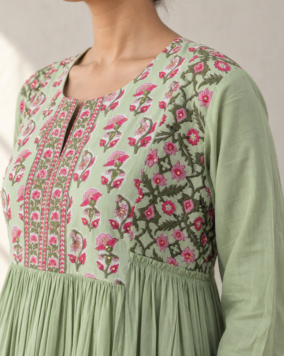 Sage Green Floral Printed Gathered Kurta & Pink Pants Set