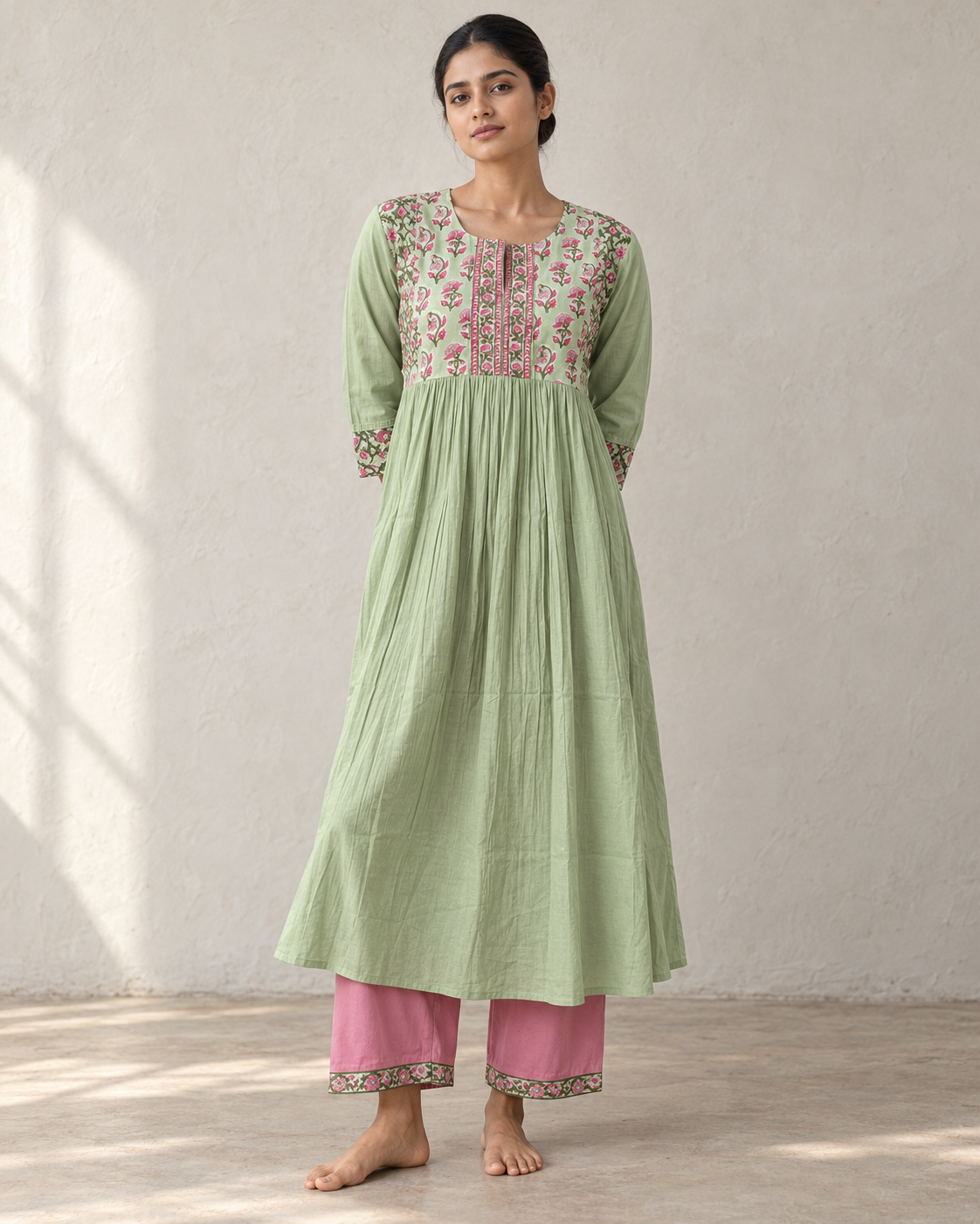 Sage Green Floral Printed Gathered Kurta & Pink Pants Set