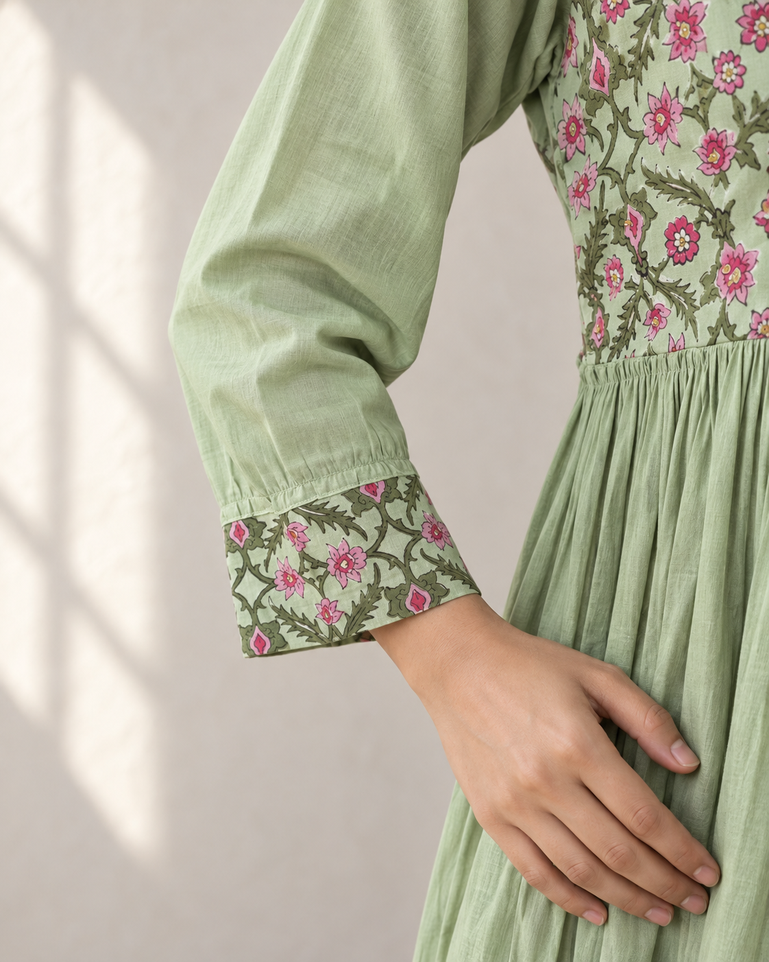 Sage Green Floral Printed Gathered Kurta & Pink Pants Set