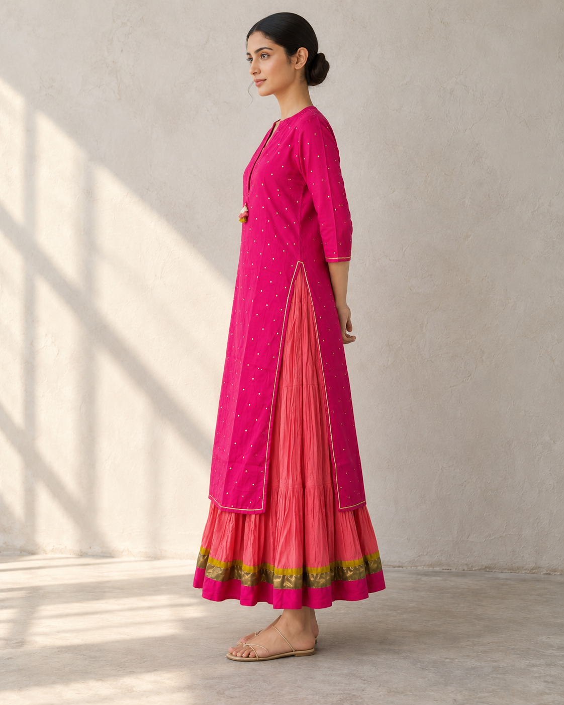 Fuchsia Pink Kurta, Coral inner & Dupatta Set