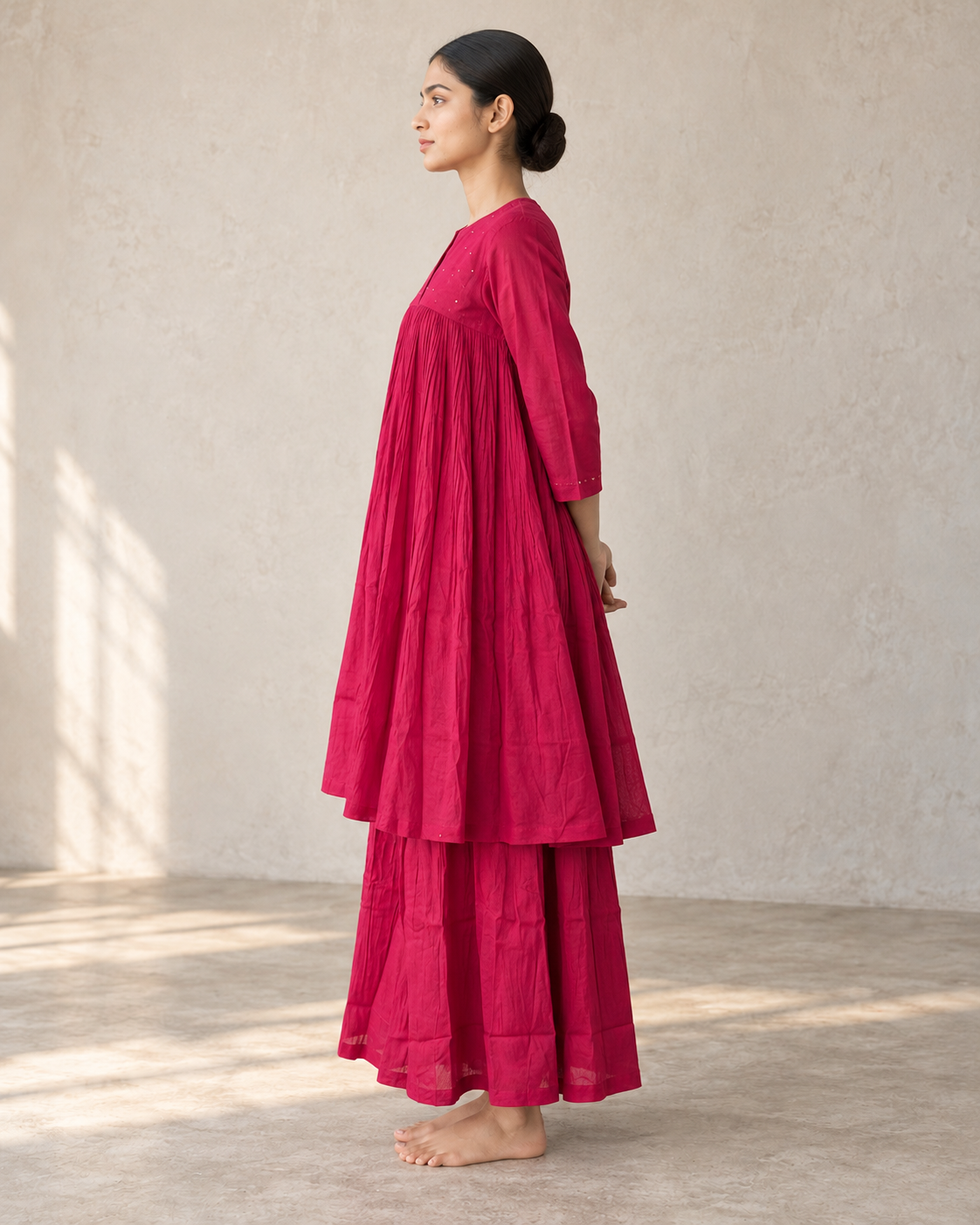 Berry Pink Mul Mul Gathered Kurta & Sharara Set