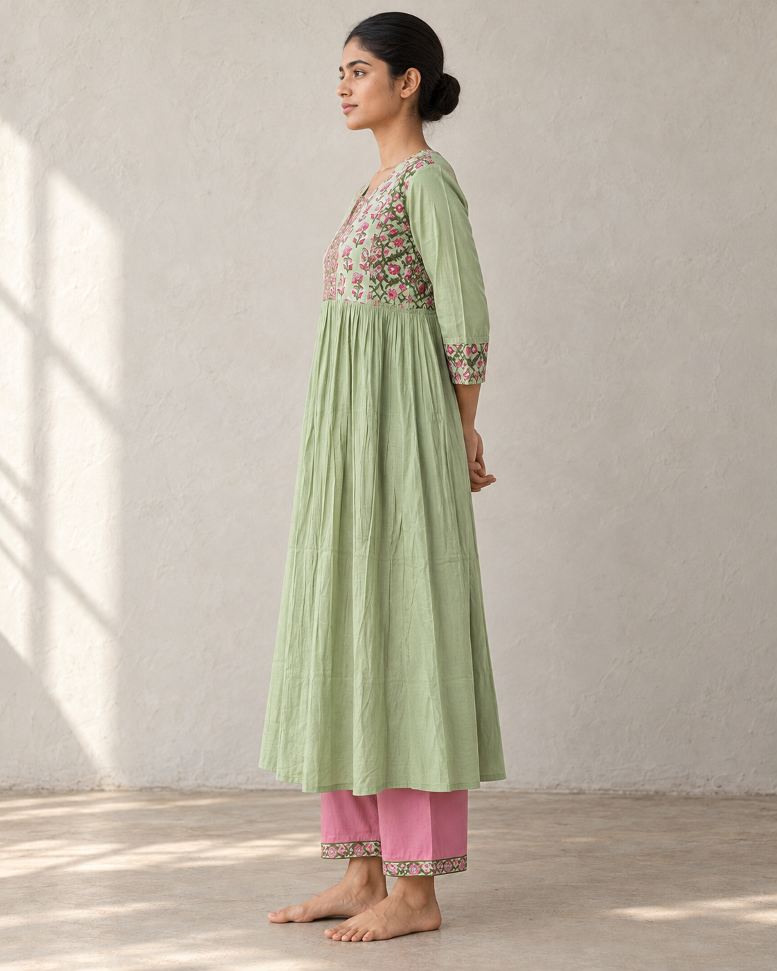 Sage Green Floral Printed Gathered Kurta & Pink Pants Set