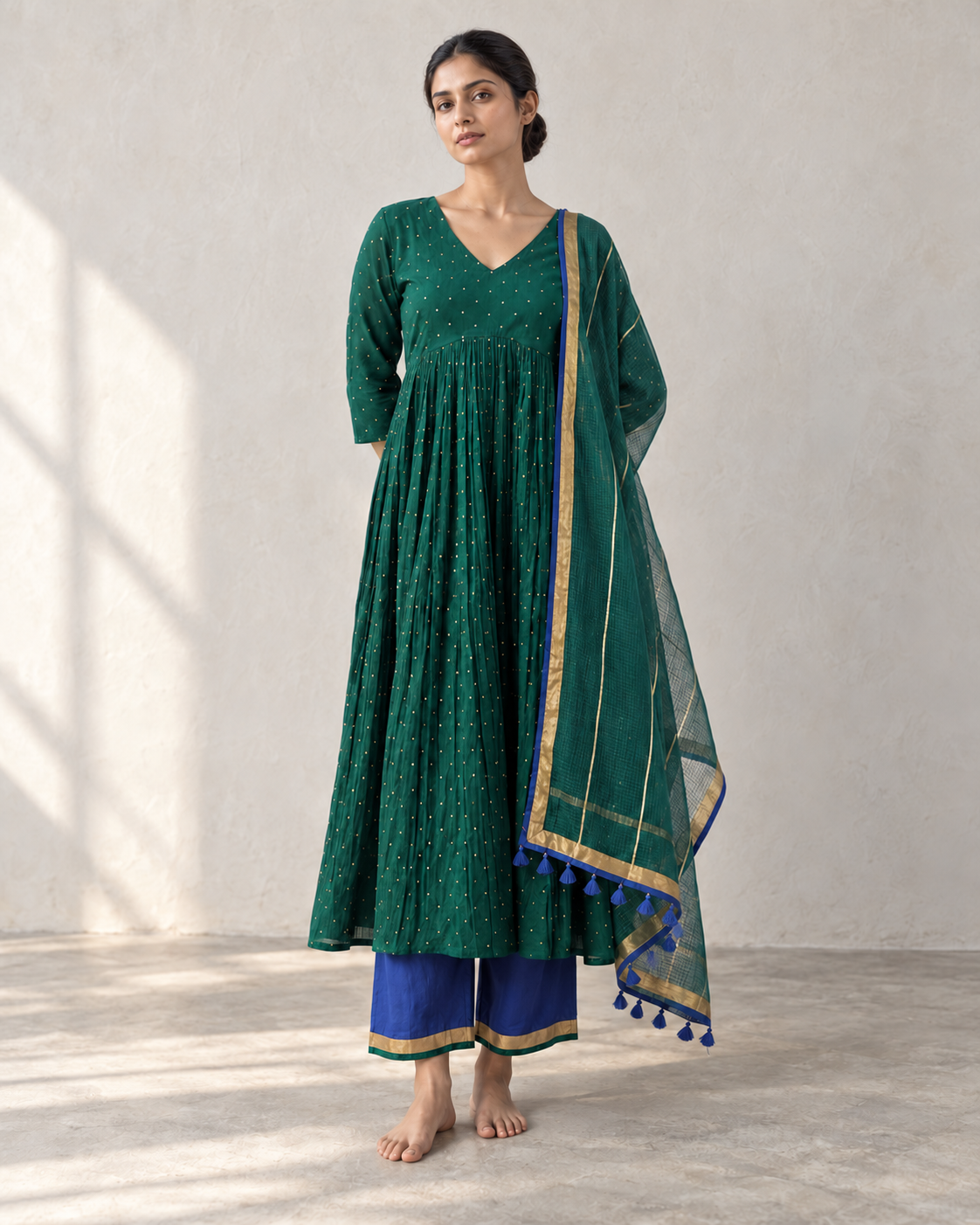 Emerald Green Cotton Mul Mul Gathered Kurta Set with Blue Pants