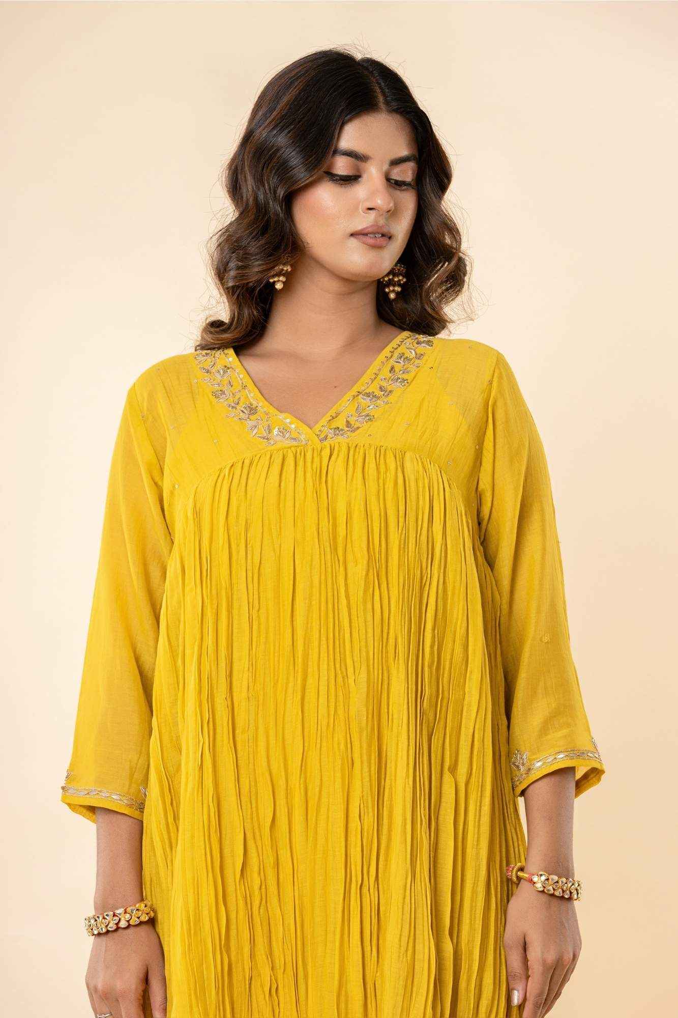 Sunlit Mustard Zardozi Kurti Pant (Set of2)