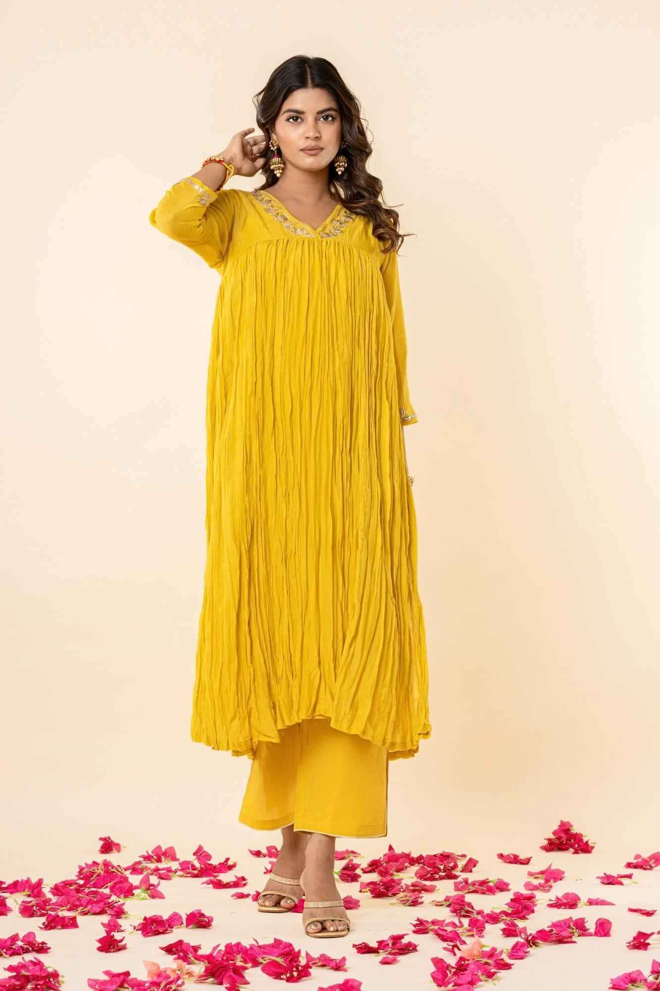 Sunlit Mustard Zardozi Kurti Pant (Set of2)