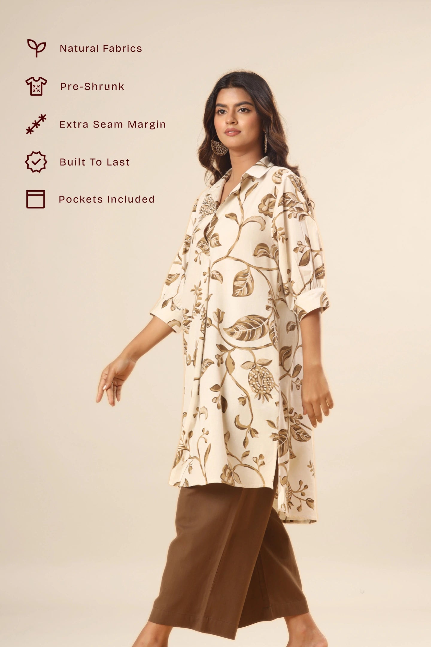 Gulnaar Floral A-Line Kurti – Earth Beige (Pants included)