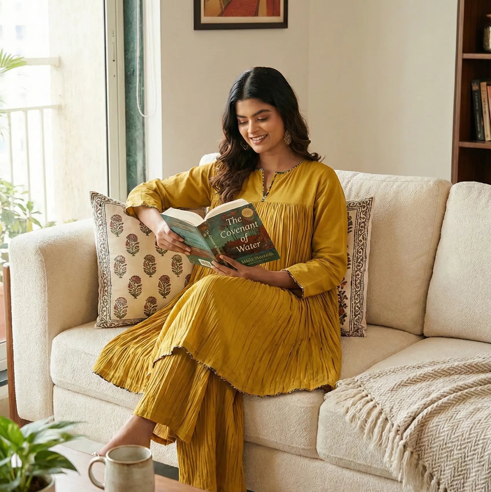 Woman in a yellow dress reading a book on a beige sofa in a cozy living room.