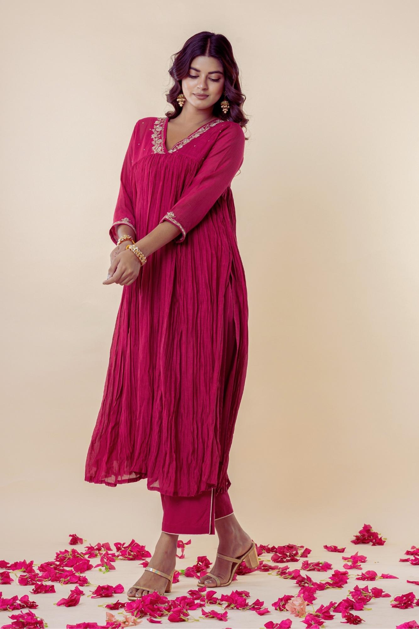 Deep Rose Zardozi Kurti Pant (Set of 2)